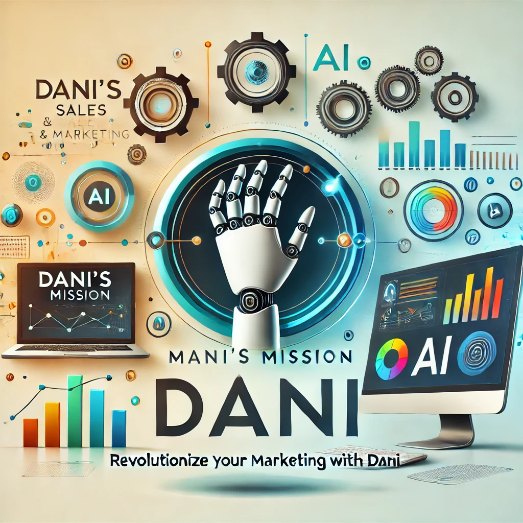 DALL·E 2024-07-21 17.42.37 - An image representing Dani's Mission to revolutionize sales and marketing with AI and automation. The image features modern, sleek icons of AI and aut