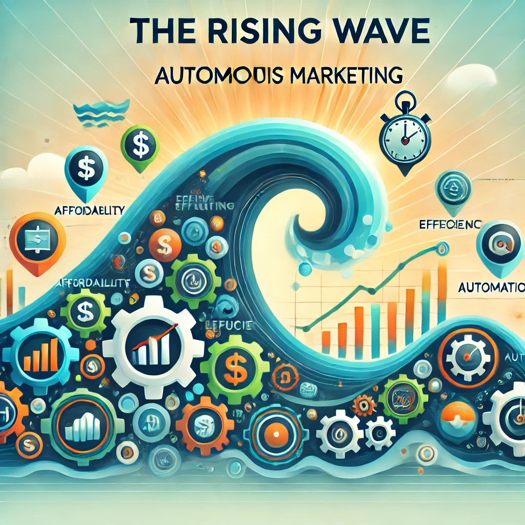 DALL·E 2024-07-21 17.42.40 - An image illustrating 'The Rising Wave_ Autonomous Marketing' with icons and symbols representing affordability, efficiency, and automation. The image