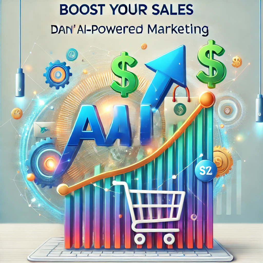 DALL·E 2024-07-21 17.45.48 - An image representing 'Boost Your Sales with Dani's AI-Powered Marketing.' The image features an upward trending graph, a shopping cart, and dollar si