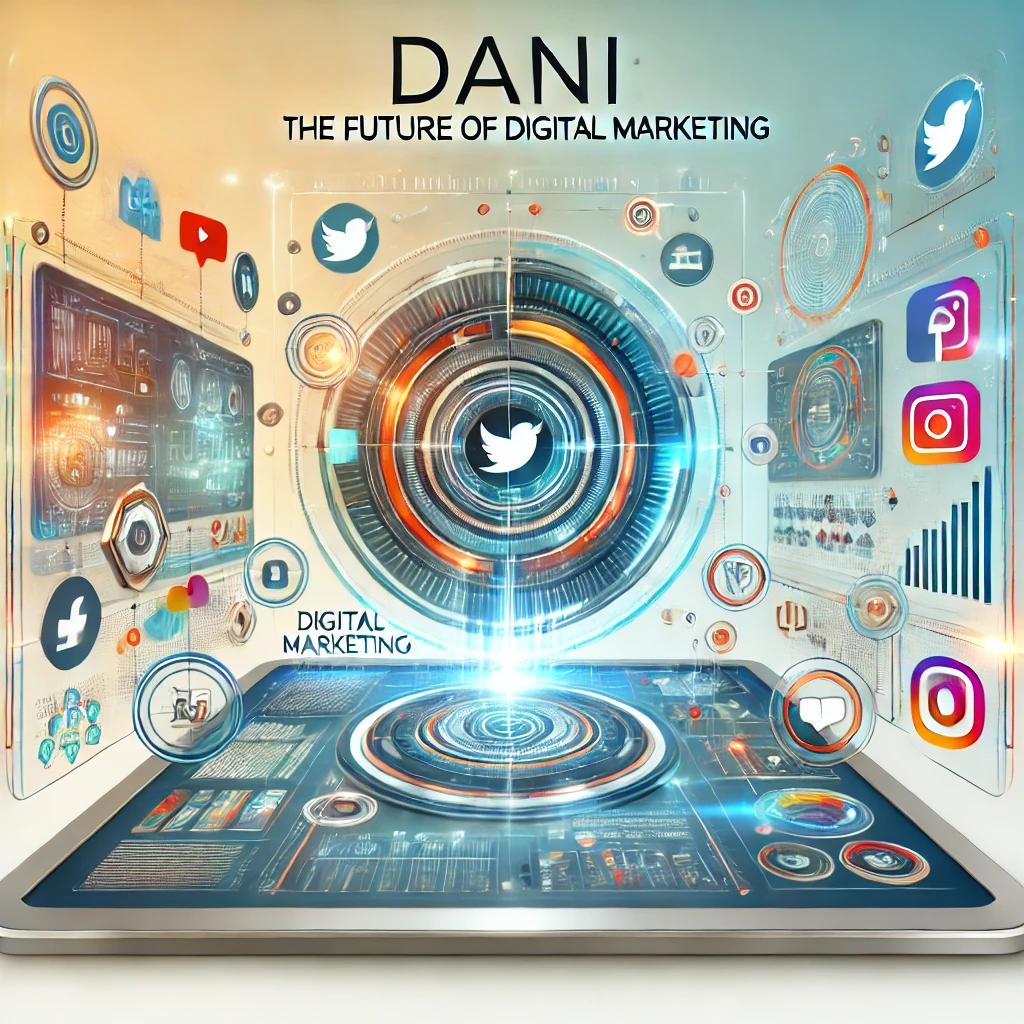 DALL·E 2024-07-21 17.45.53 - An image titled 'Dani_ The Future of Digital Marketing' featuring futuristic elements and digital marketing icons. The image includes a sleek digital