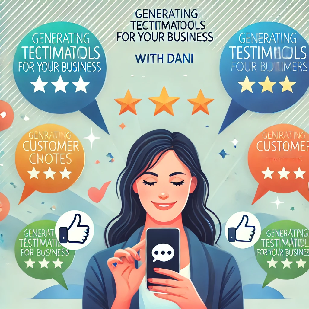 DALL·E 2024-07-21 17.45.55 - An image representing 'Generating Testimonials for Your Business' with Dani. The image features speech bubbles with customer quotes, a satisfied custo